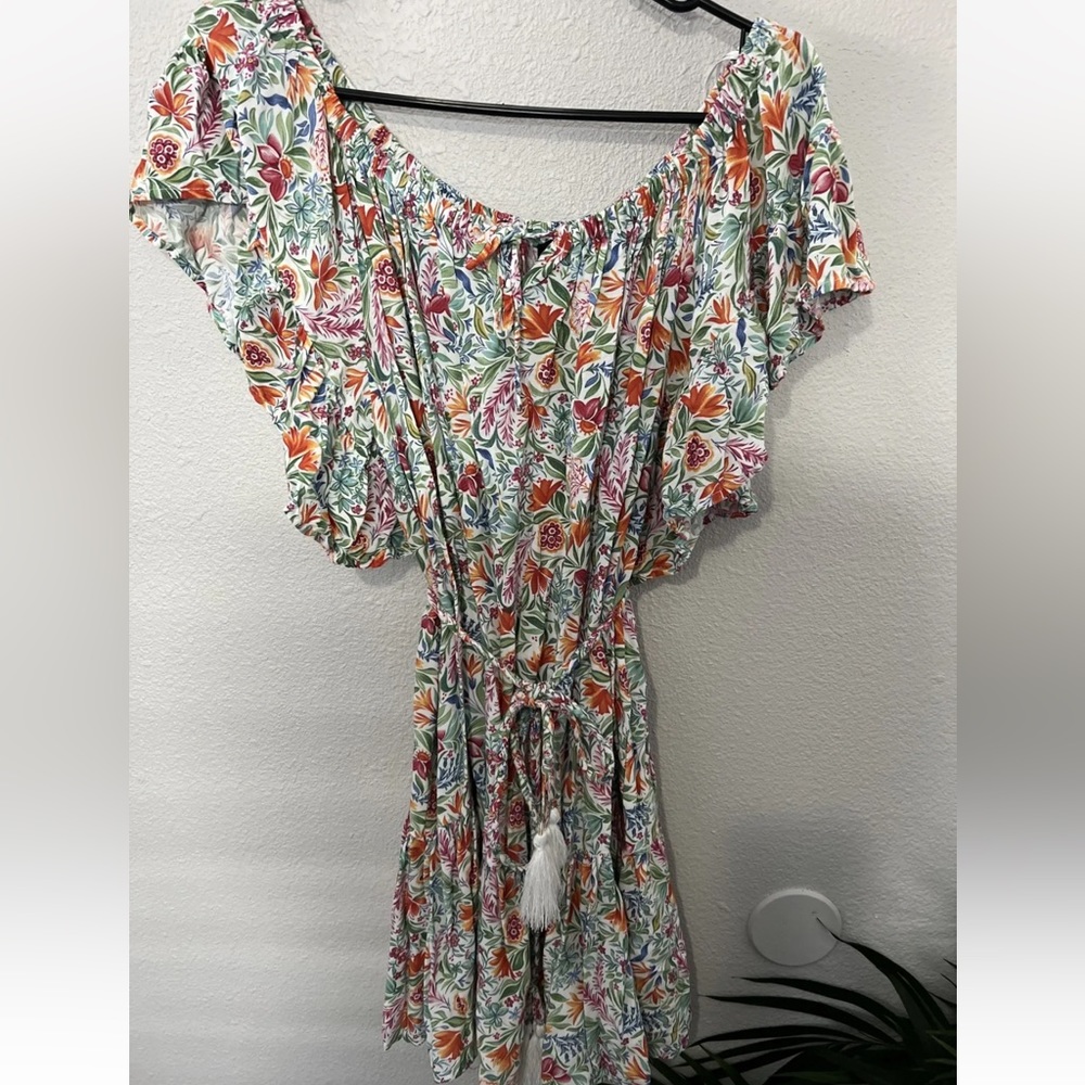 Womens Rachel Zoe Tropical Floral Print Ruffle Off Shoulder Dress L